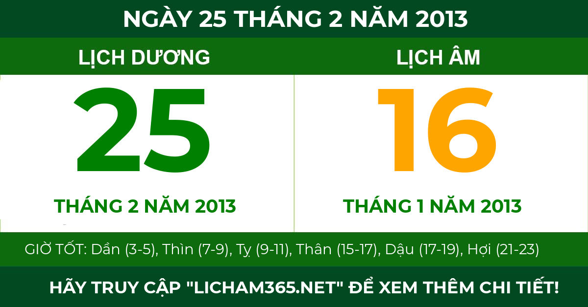 lịch âm ngày 25 tháng 2 năm 2013