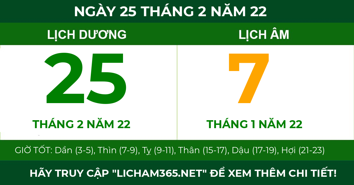 lịch âm ngày 25 tháng 2 năm 22