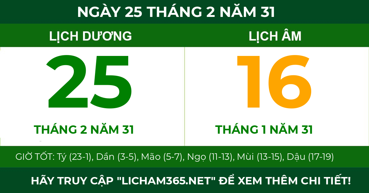 lịch âm ngày 25 tháng 2 năm 31