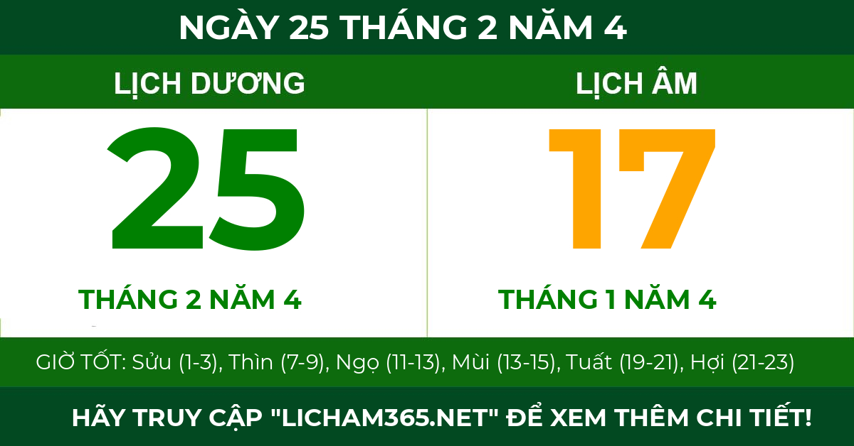 lịch âm ngày 25 tháng 2 năm 4