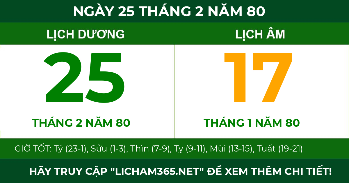 lịch âm ngày 25 tháng 2 năm 80