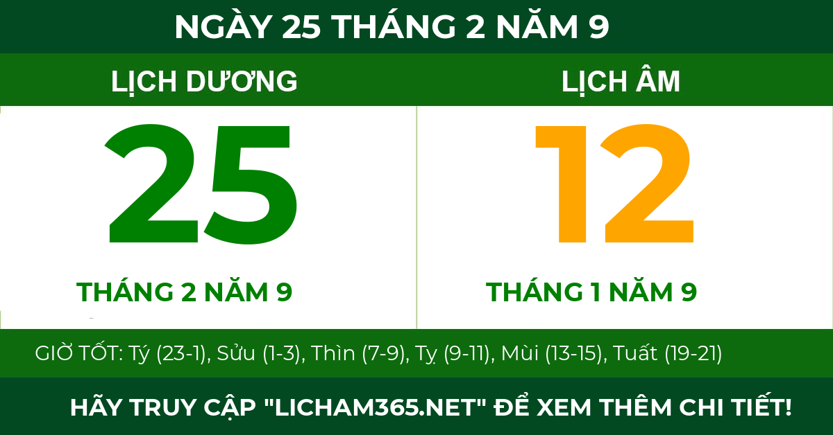 lịch âm ngày 25 tháng 2 năm 9