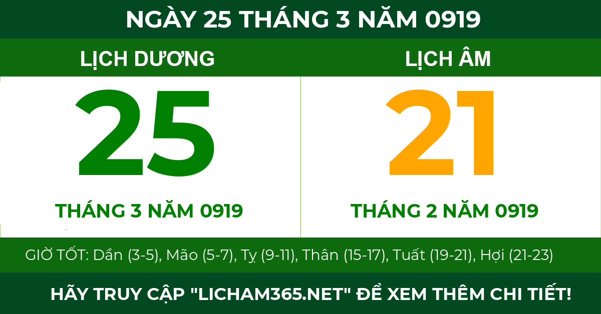 lịch âm ngày 25 tháng 3 năm 0919
