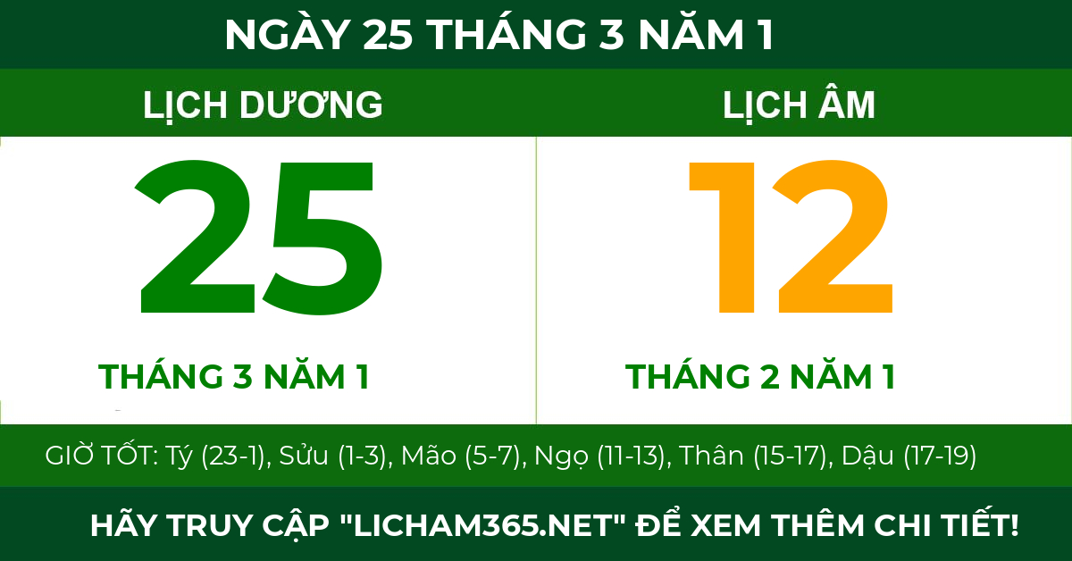 lịch âm ngày 25 tháng 3 năm 1