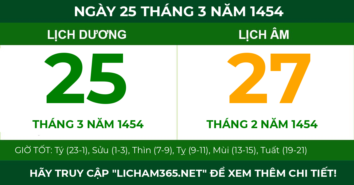lịch âm ngày 25 tháng 3 năm 1454