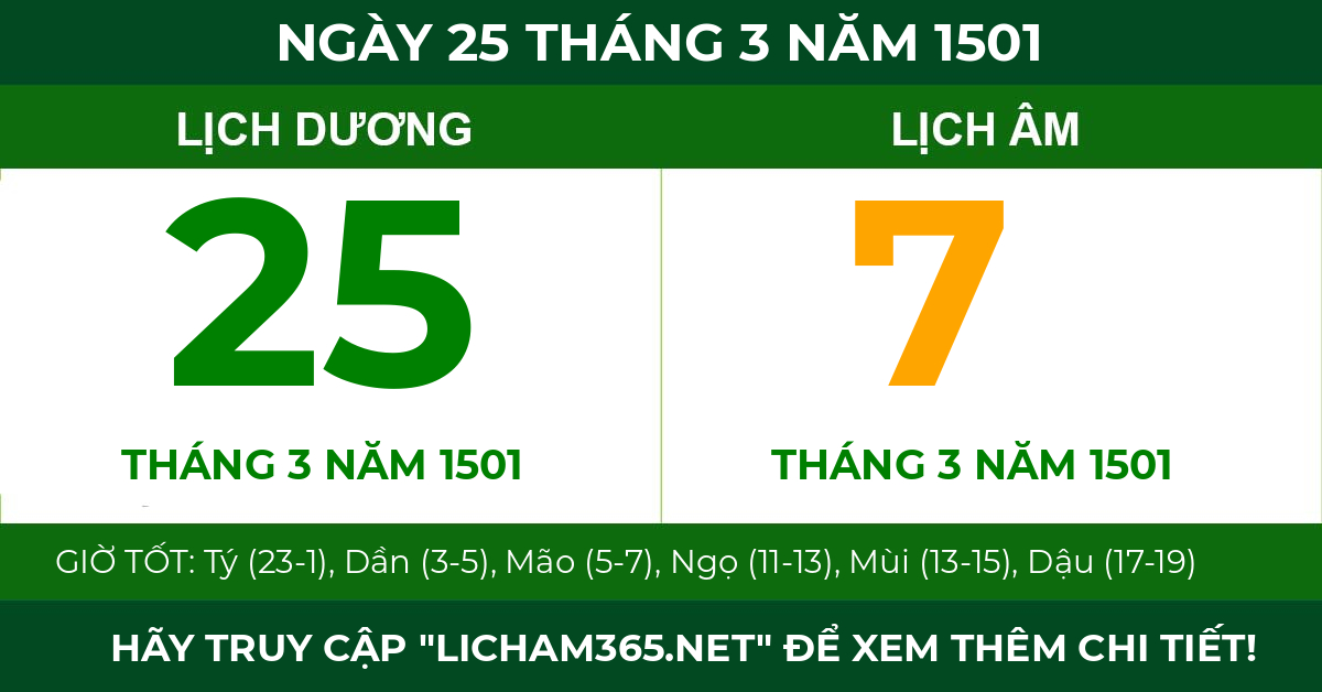 lịch âm ngày 25 tháng 3 năm 1501