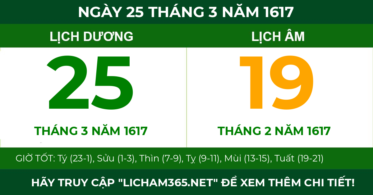 lịch âm ngày 25 tháng 3 năm 1617