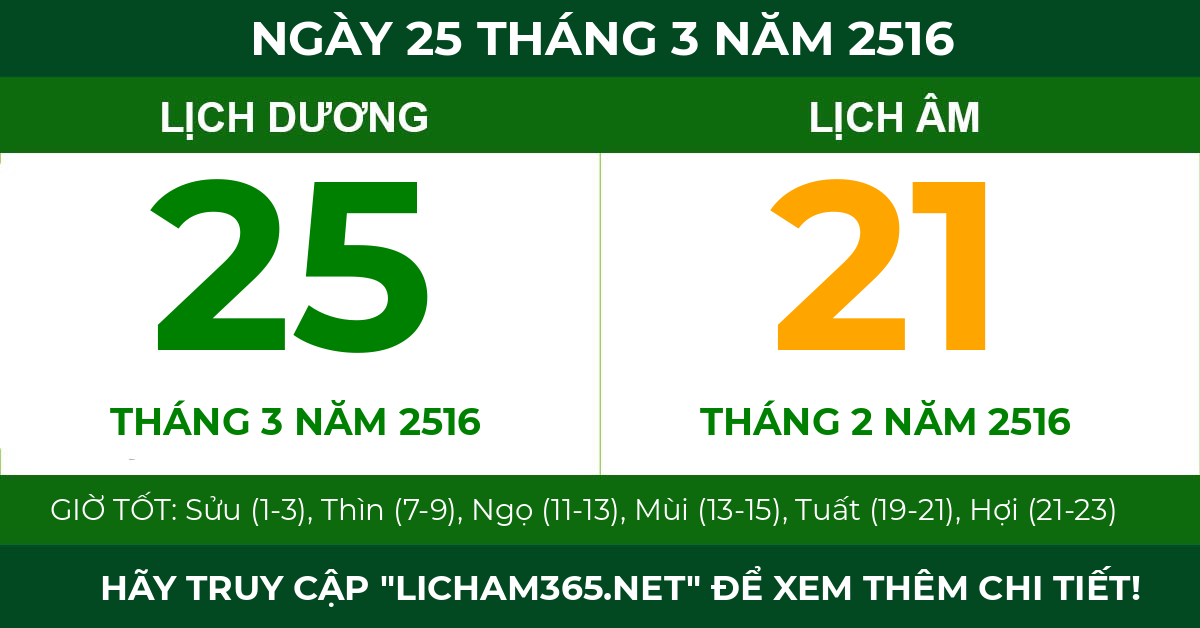 lịch âm ngày 25 tháng 3 năm 2516