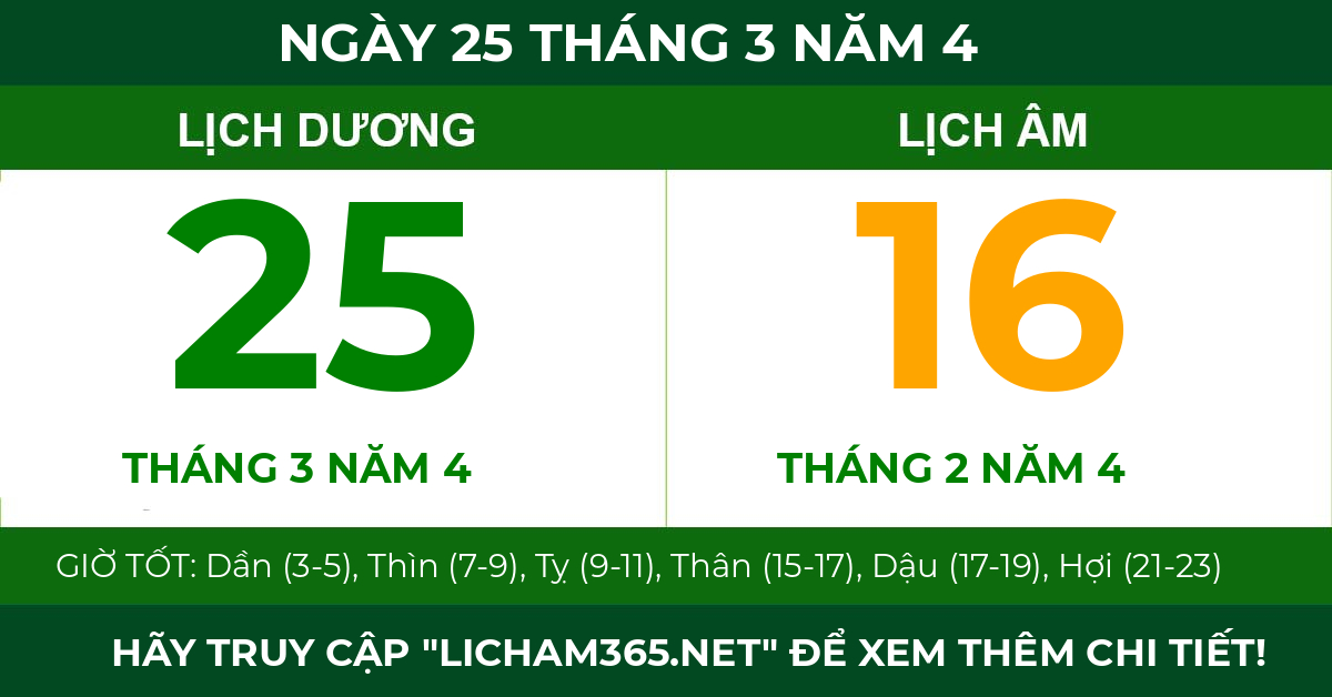 lịch âm ngày 25 tháng 3 năm 4