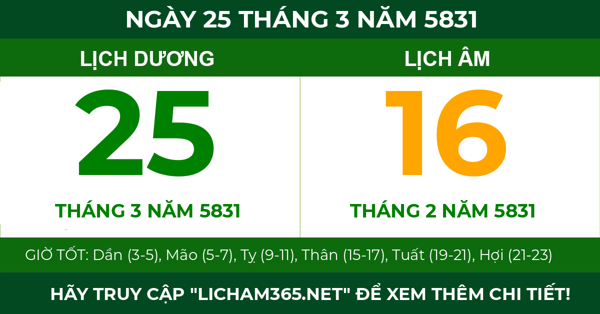 lịch âm ngày 25 tháng 3 năm 5831