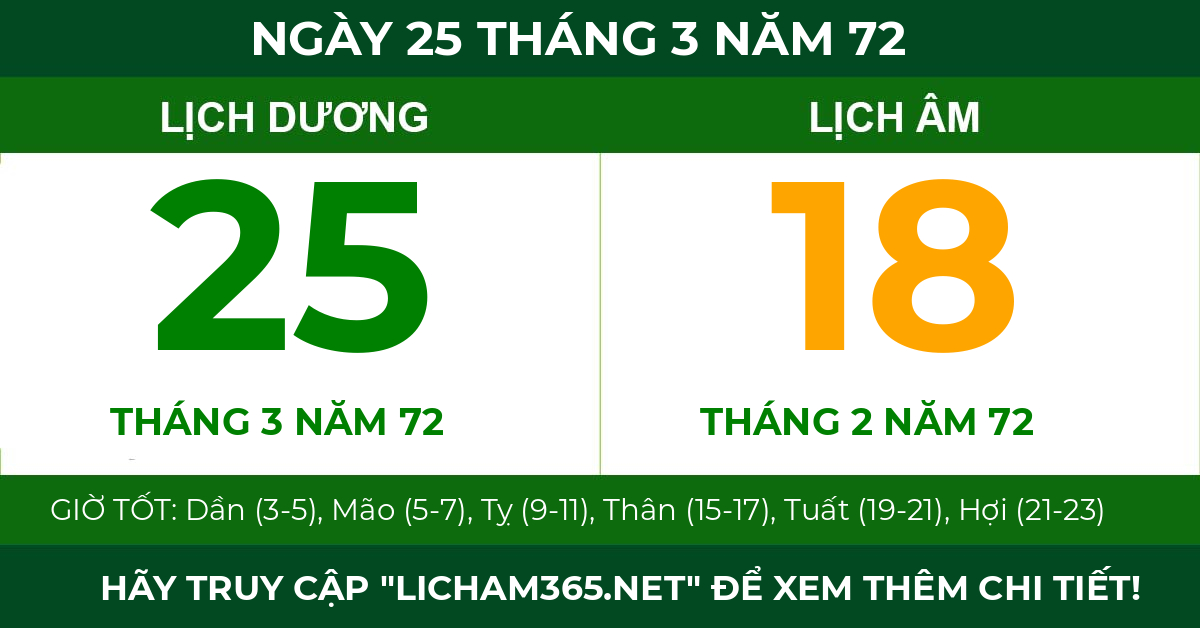 lịch âm ngày 25 tháng 3 năm 72