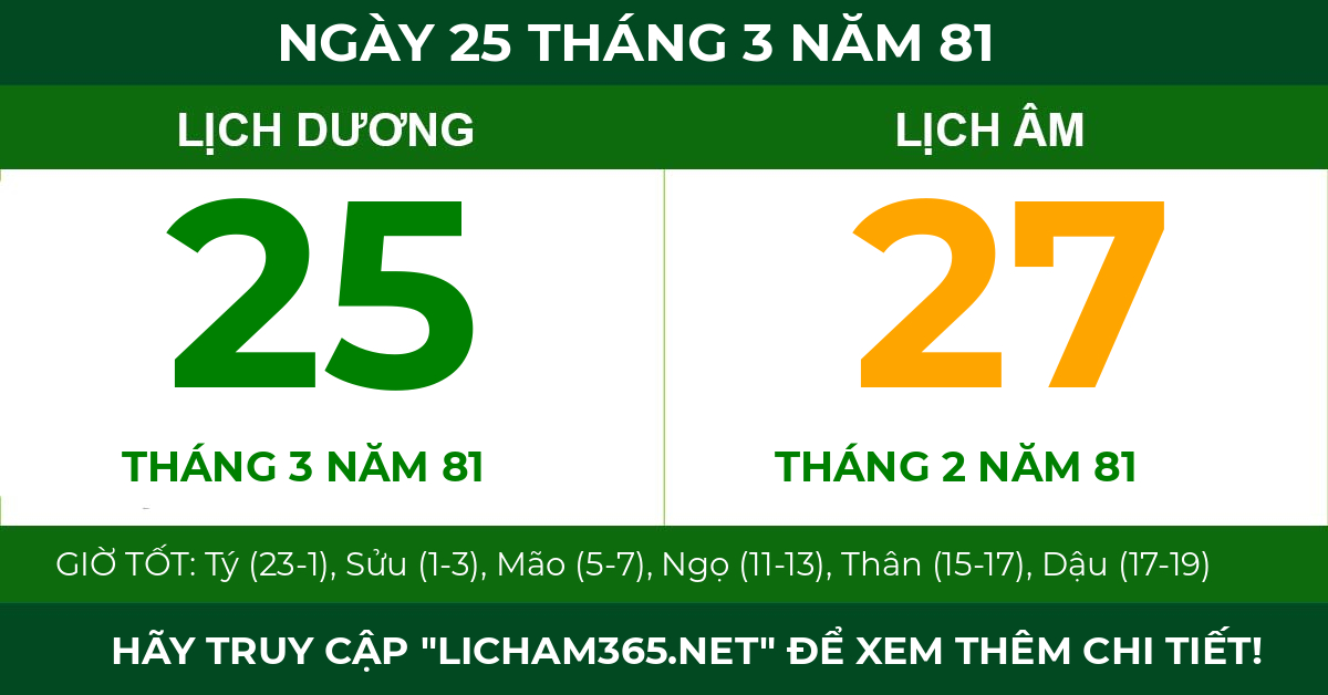 lịch âm ngày 25 tháng 3 năm 81