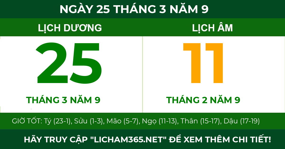 lịch âm ngày 25 tháng 3 năm 9