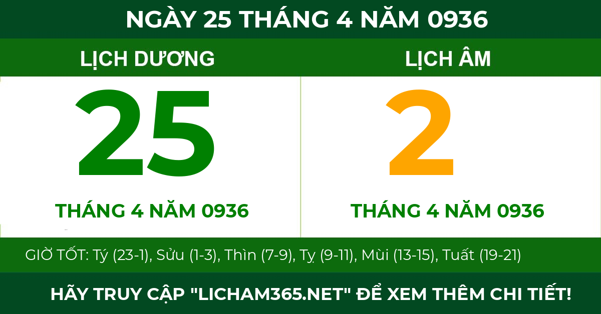 lịch âm ngày 25 tháng 4 năm 0936