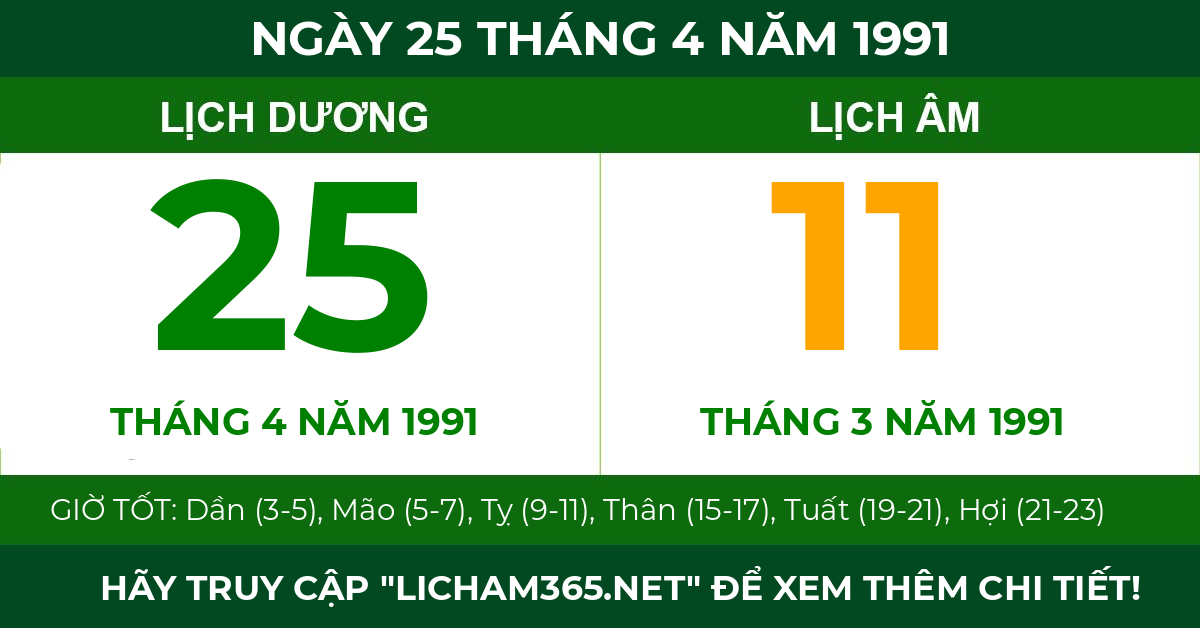 lịch âm ngày 25 tháng 4 năm 1991