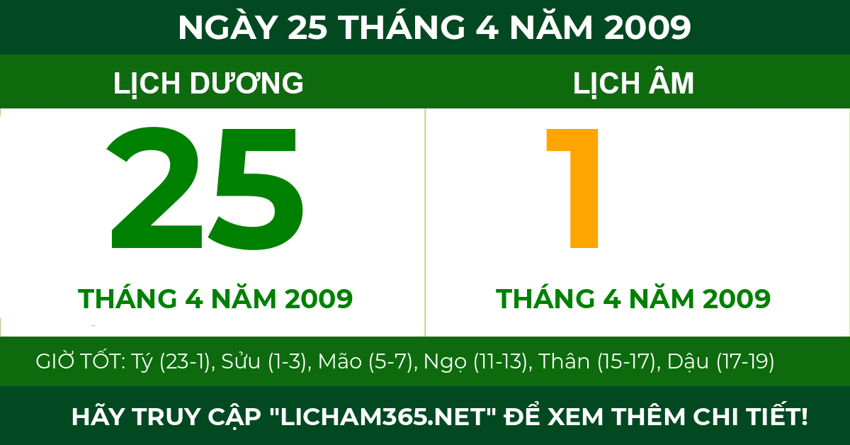 lịch âm ngày 25 tháng 4 năm 2009
