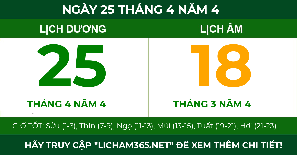 lịch âm ngày 25 tháng 4 năm 4