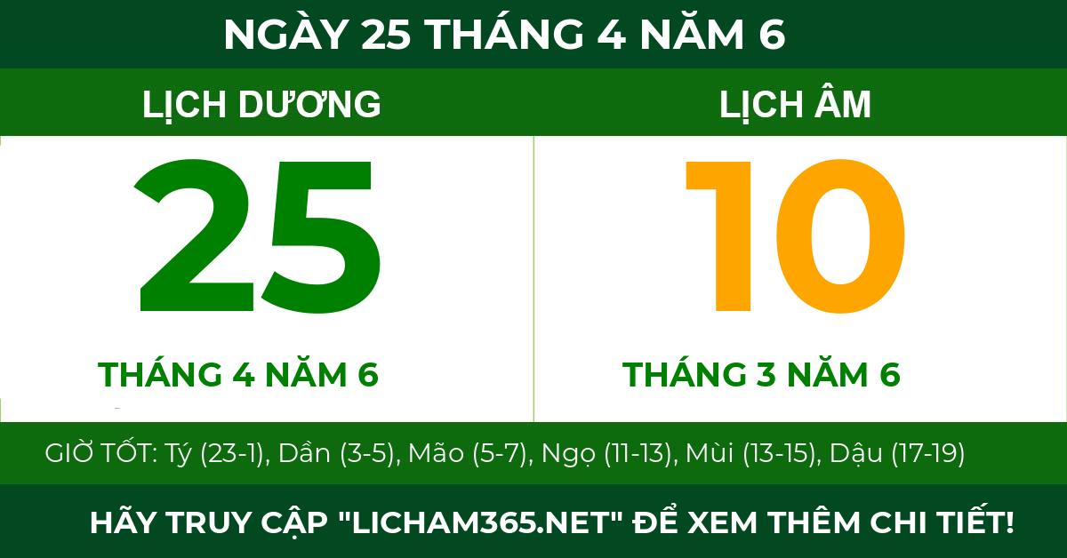 lịch âm ngày 25 tháng 4 năm 6