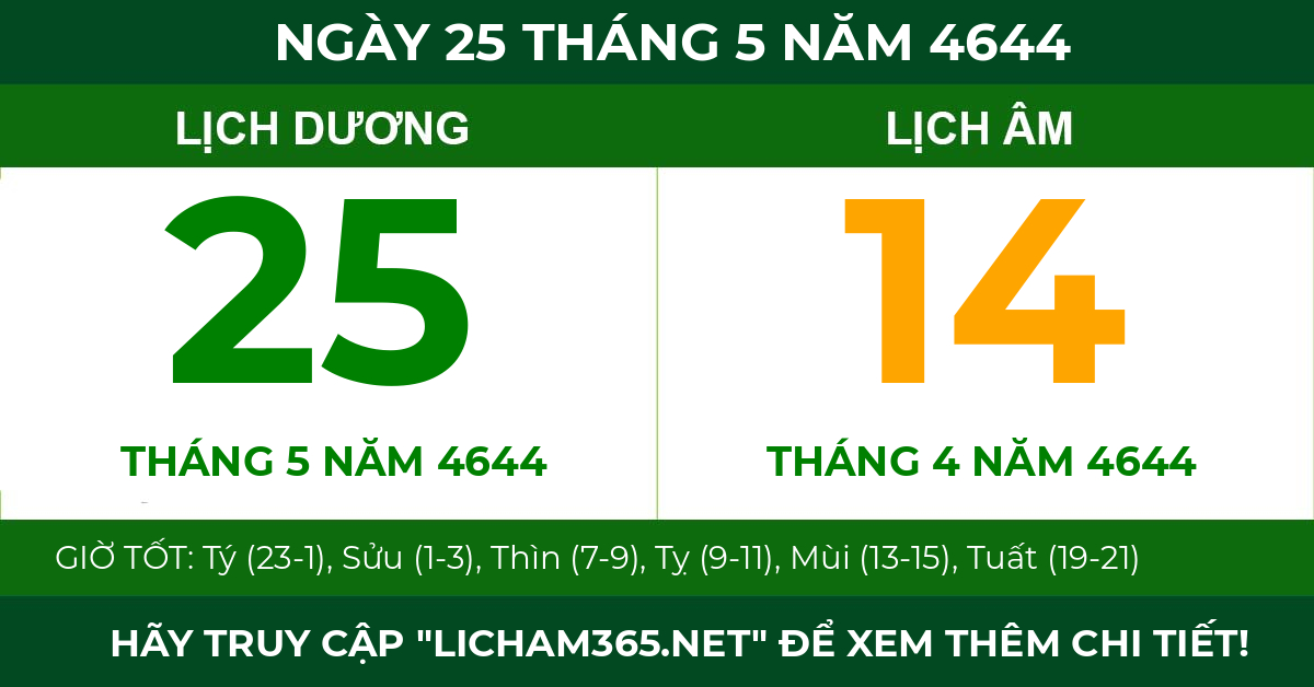 lịch âm ngày 25 tháng 5 năm 4644
