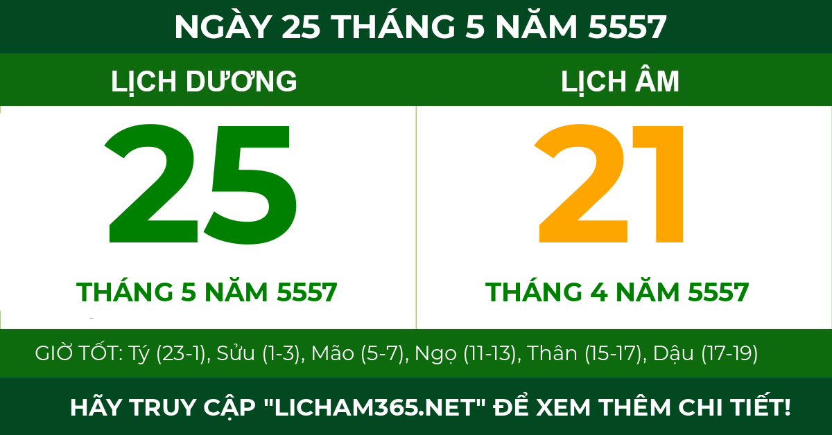 lịch âm ngày 25 tháng 5 năm 5557