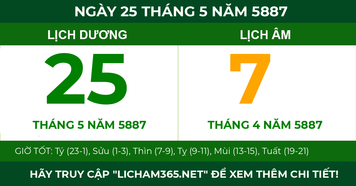 lịch âm ngày 25 tháng 5 năm 5887