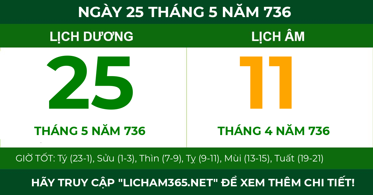 lịch âm ngày 25 tháng 5 năm 736