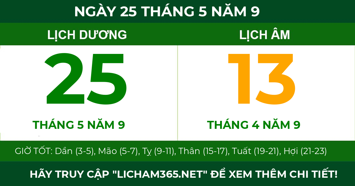 lịch âm ngày 25 tháng 5 năm 9