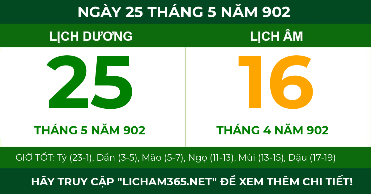 lịch âm ngày 25 tháng 5 năm 902