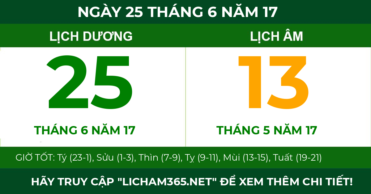 lịch âm ngày 25 tháng 6 năm 17