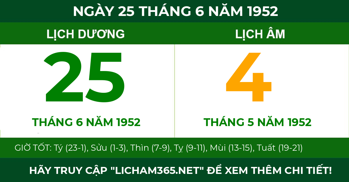 lịch âm ngày 25 tháng 6 năm 1952