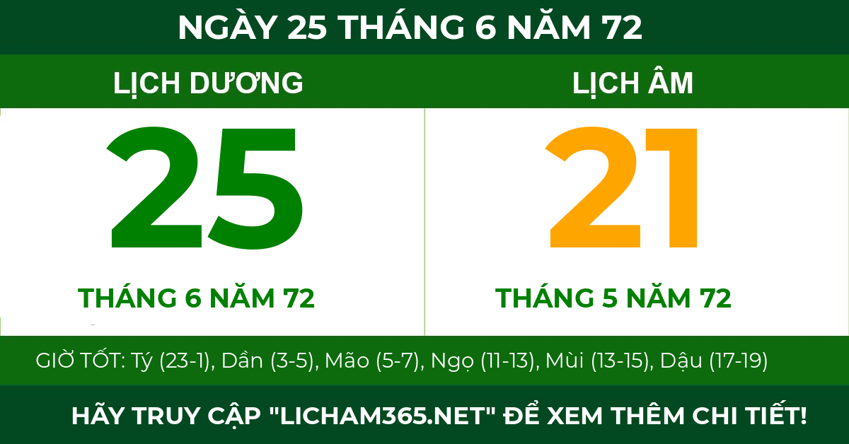 lịch âm ngày 25 tháng 6 năm 72