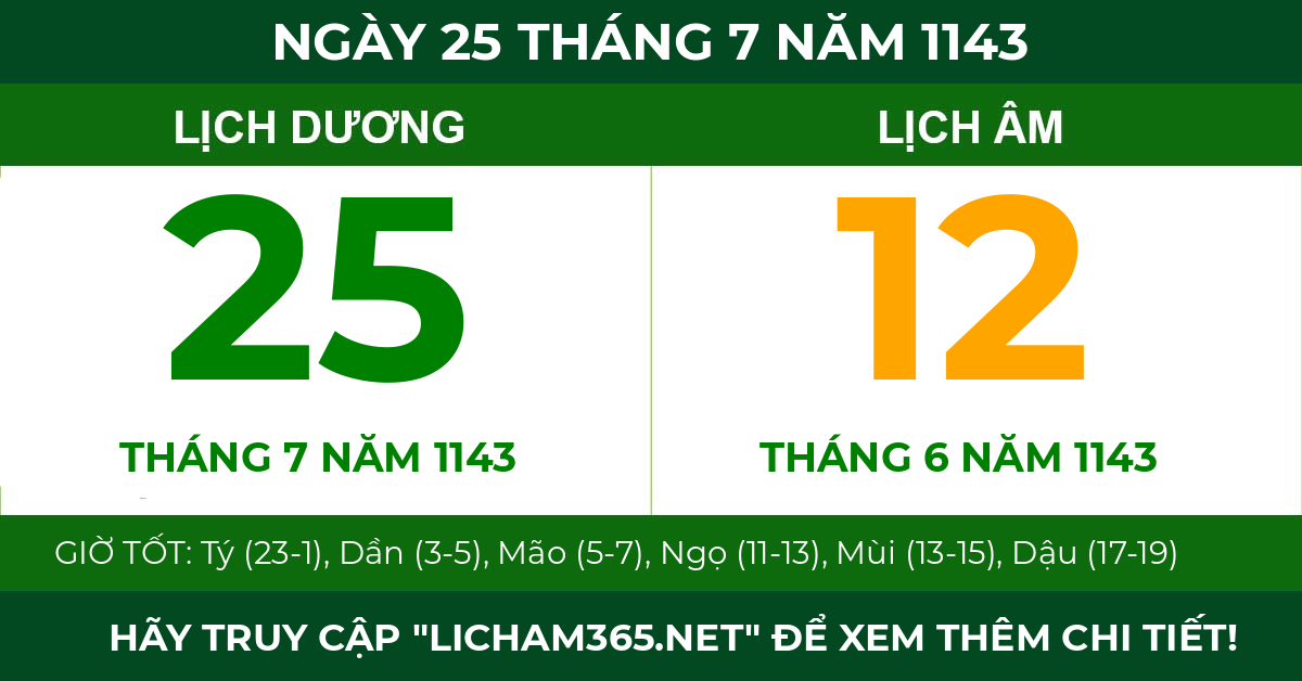 lịch âm ngày 25 tháng 7 năm 1143