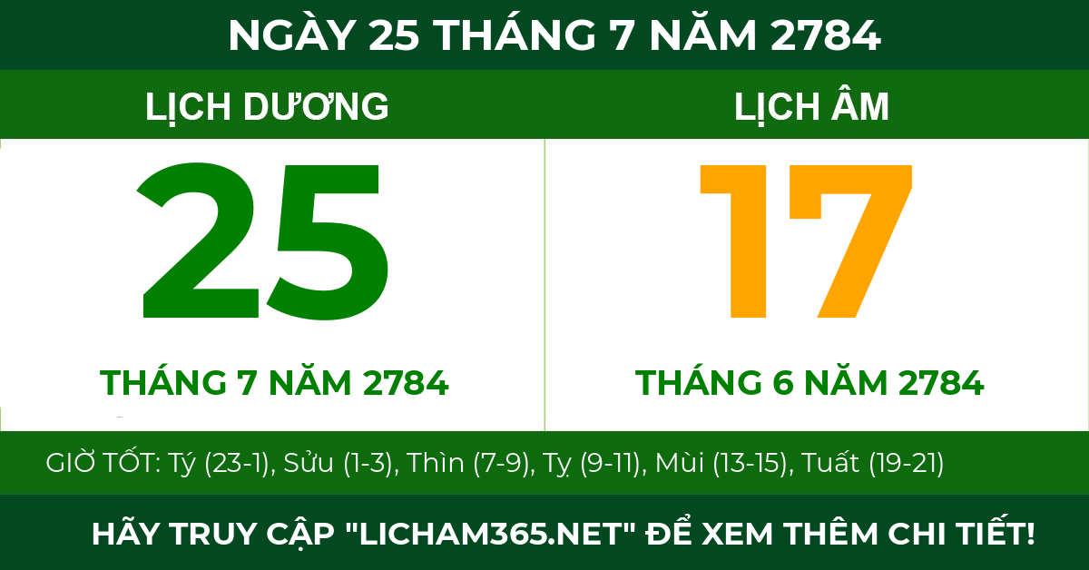 lịch âm ngày 25 tháng 7 năm 2784