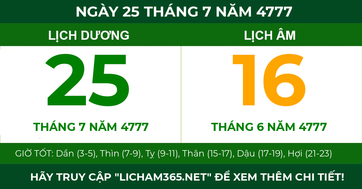 lịch âm ngày 25 tháng 7 năm 4777