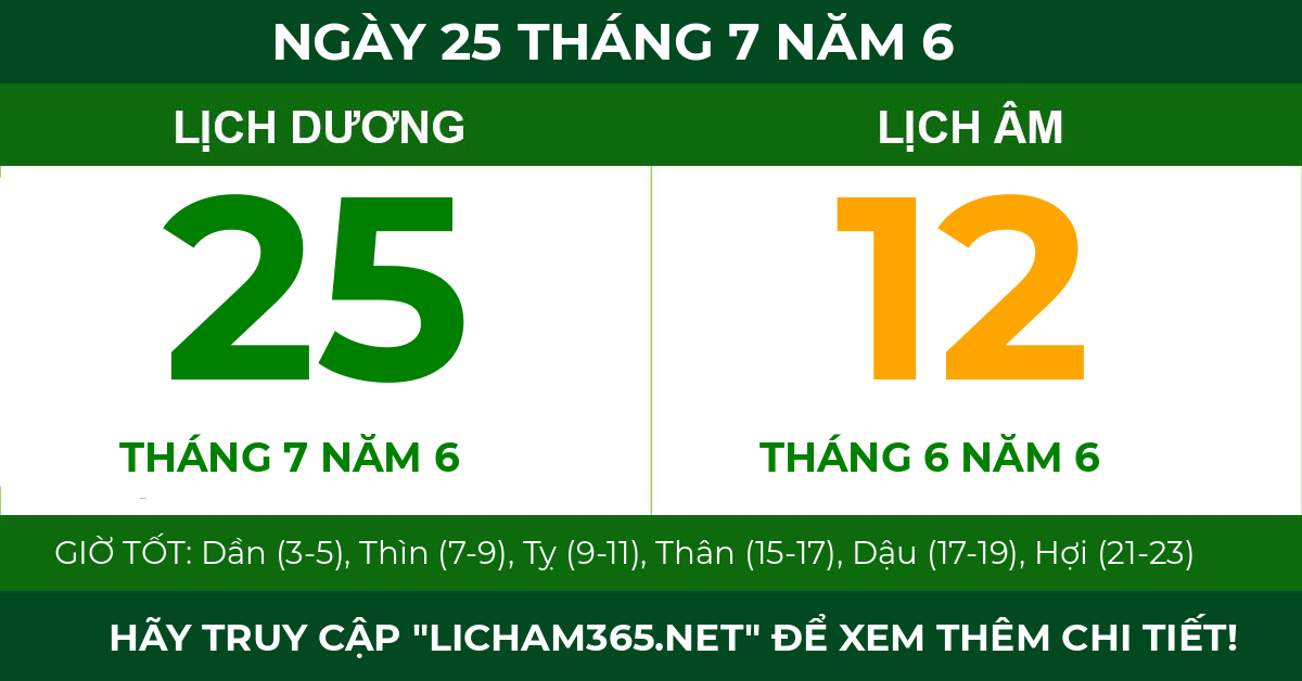 lịch âm ngày 25 tháng 7 năm 6