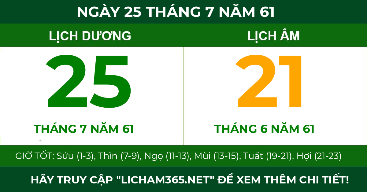 lịch âm ngày 25 tháng 7 năm 61