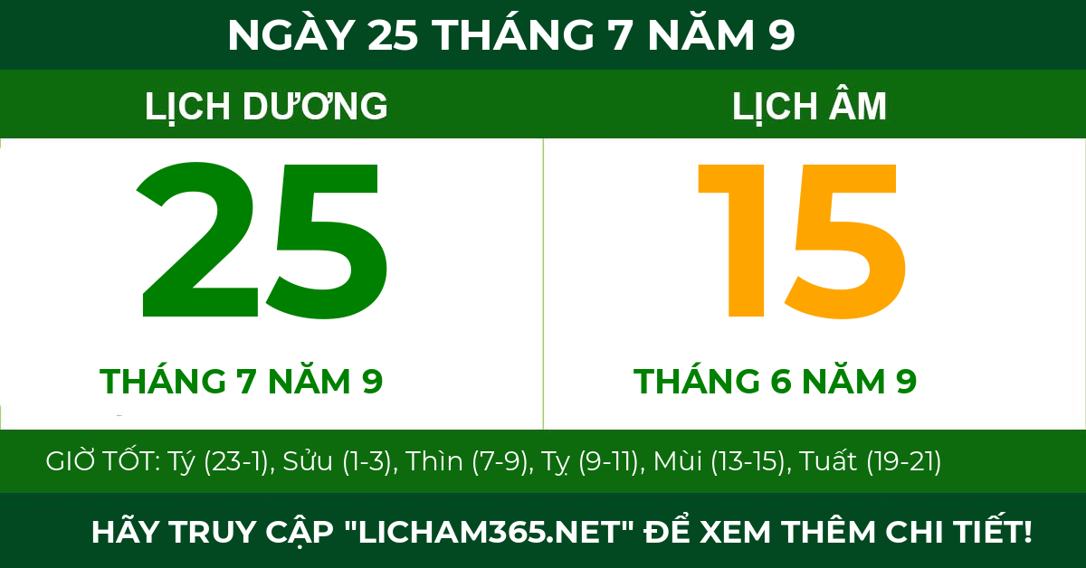 lịch âm ngày 25 tháng 7 năm 9