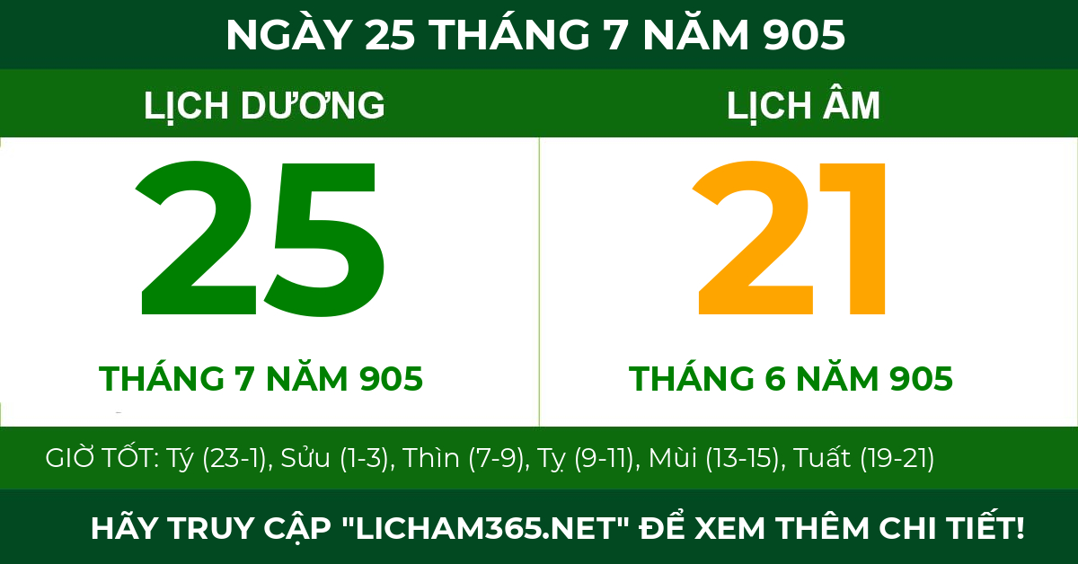 lịch âm ngày 25 tháng 7 năm 905