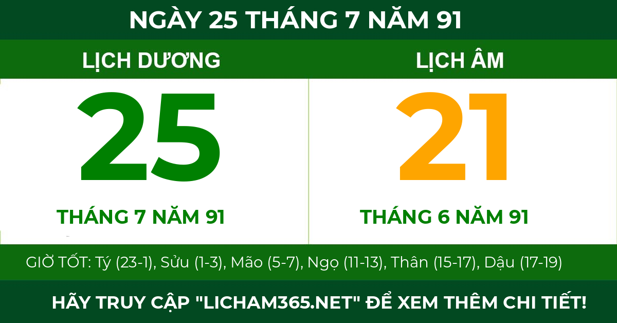 lịch âm ngày 25 tháng 7 năm 91