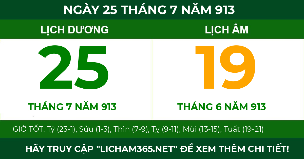 lịch âm ngày 25 tháng 7 năm 913