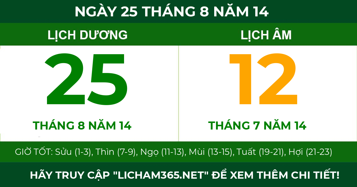 lịch âm ngày 25 tháng 8 năm 14