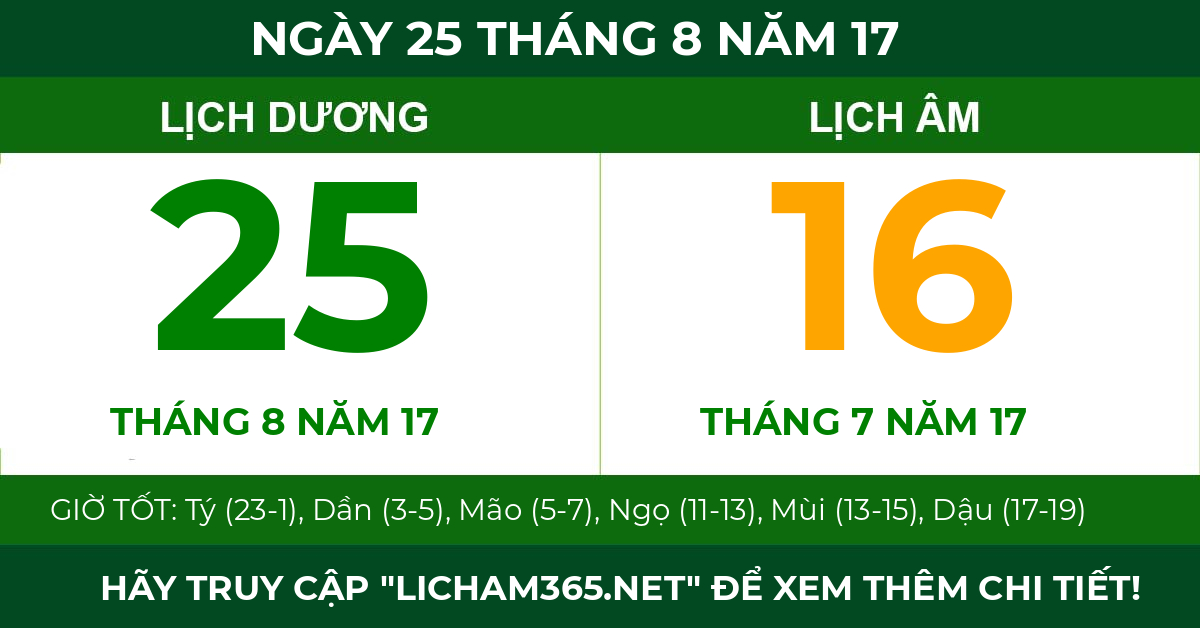 lịch âm ngày 25 tháng 8 năm 17