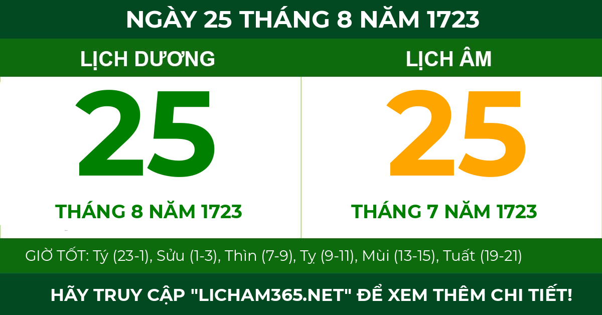 lịch âm ngày 25 tháng 8 năm 1723