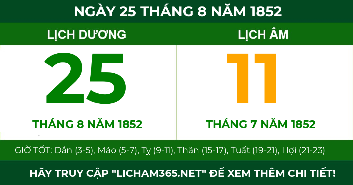 lịch âm ngày 25 tháng 8 năm 1852
