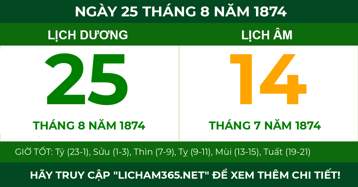 lịch âm ngày 25 tháng 8 năm 1874