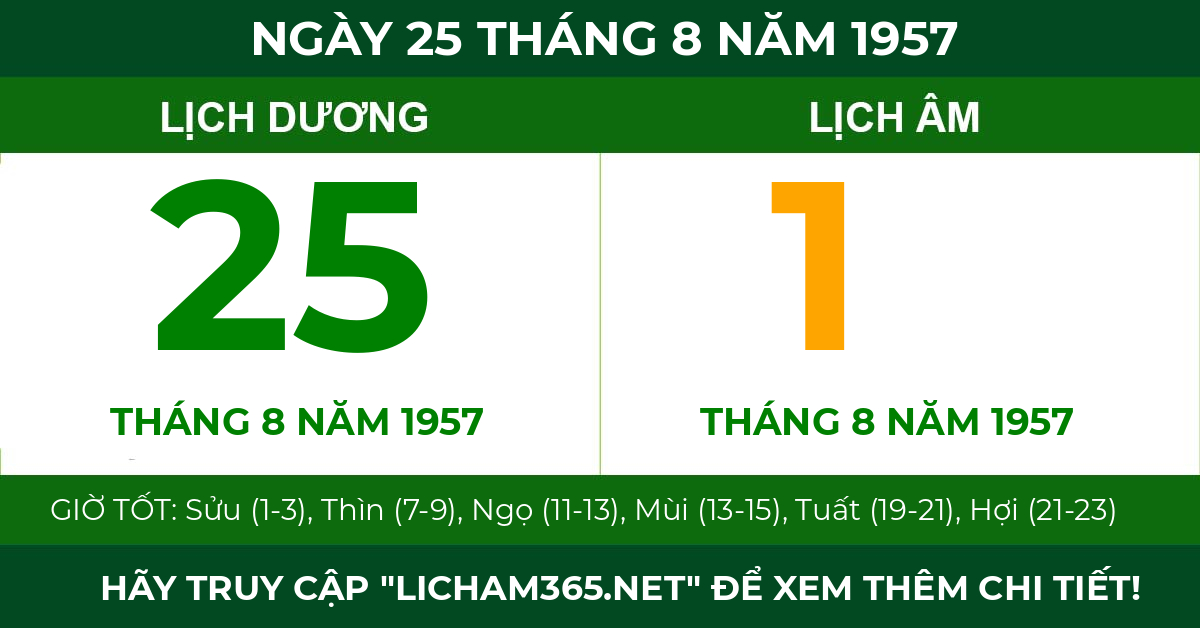 lịch âm ngày 25 tháng 8 năm 1957