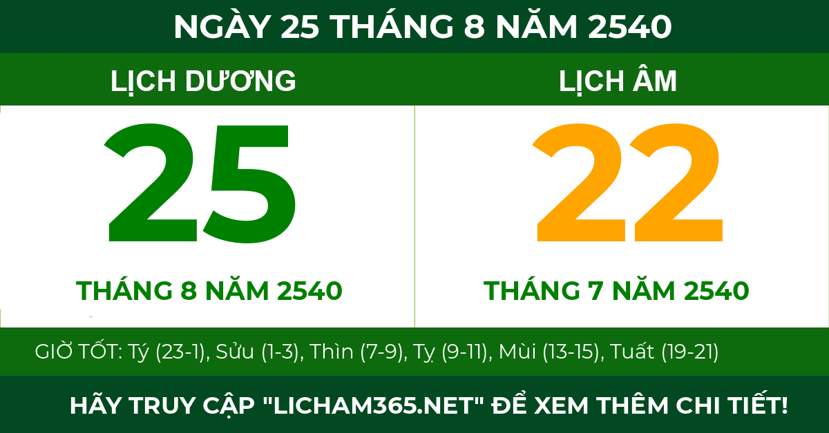 lịch âm ngày 25 tháng 8 năm 2540