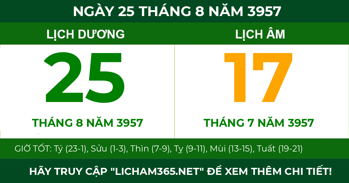 lịch âm ngày 25 tháng 8 năm 3957