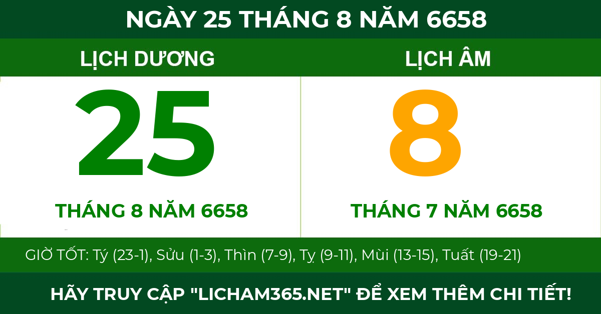 lịch âm ngày 25 tháng 8 năm 6658
