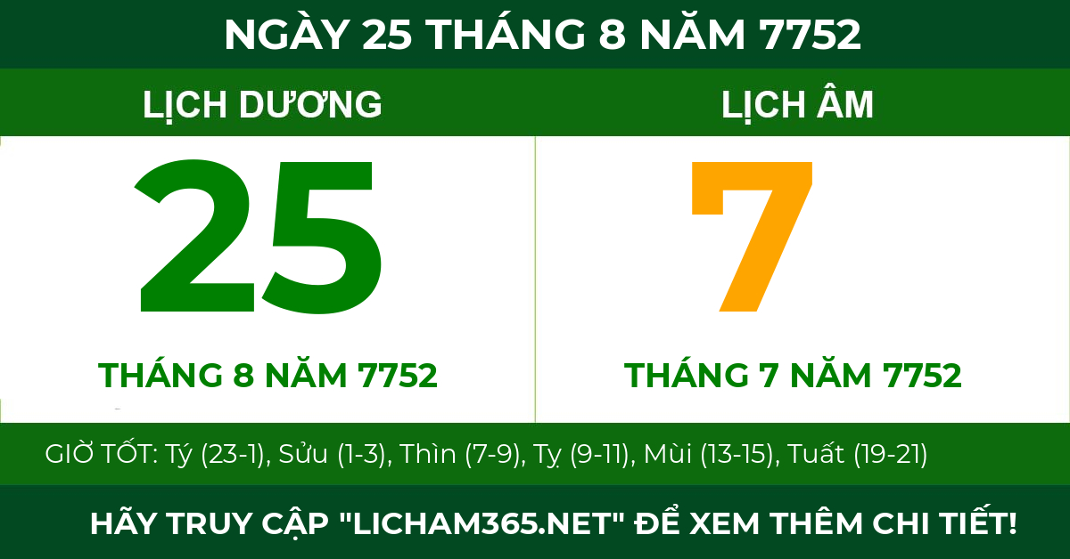 lịch âm ngày 25 tháng 8 năm 7752